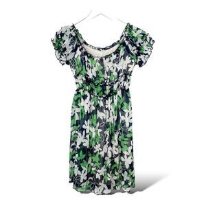 Alice + Olivia Blue White Green Sheer Gathered Floral‎ Mini Dress Sz XS
